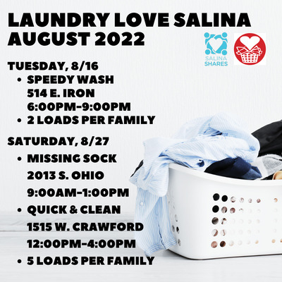 We host Laundry Love Salina in each of Salina's three laundromats - a total of 10 hours/month.