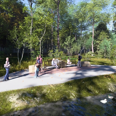 Pocket patio on trail concept drawing